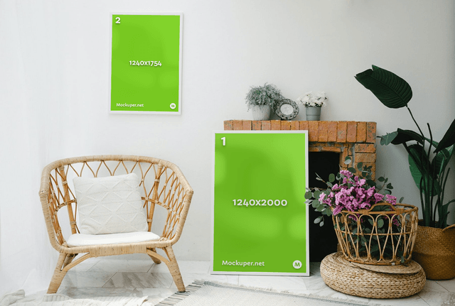 frames, portrait-frames, other, fireplace, chair, plant, flowers, print mockup